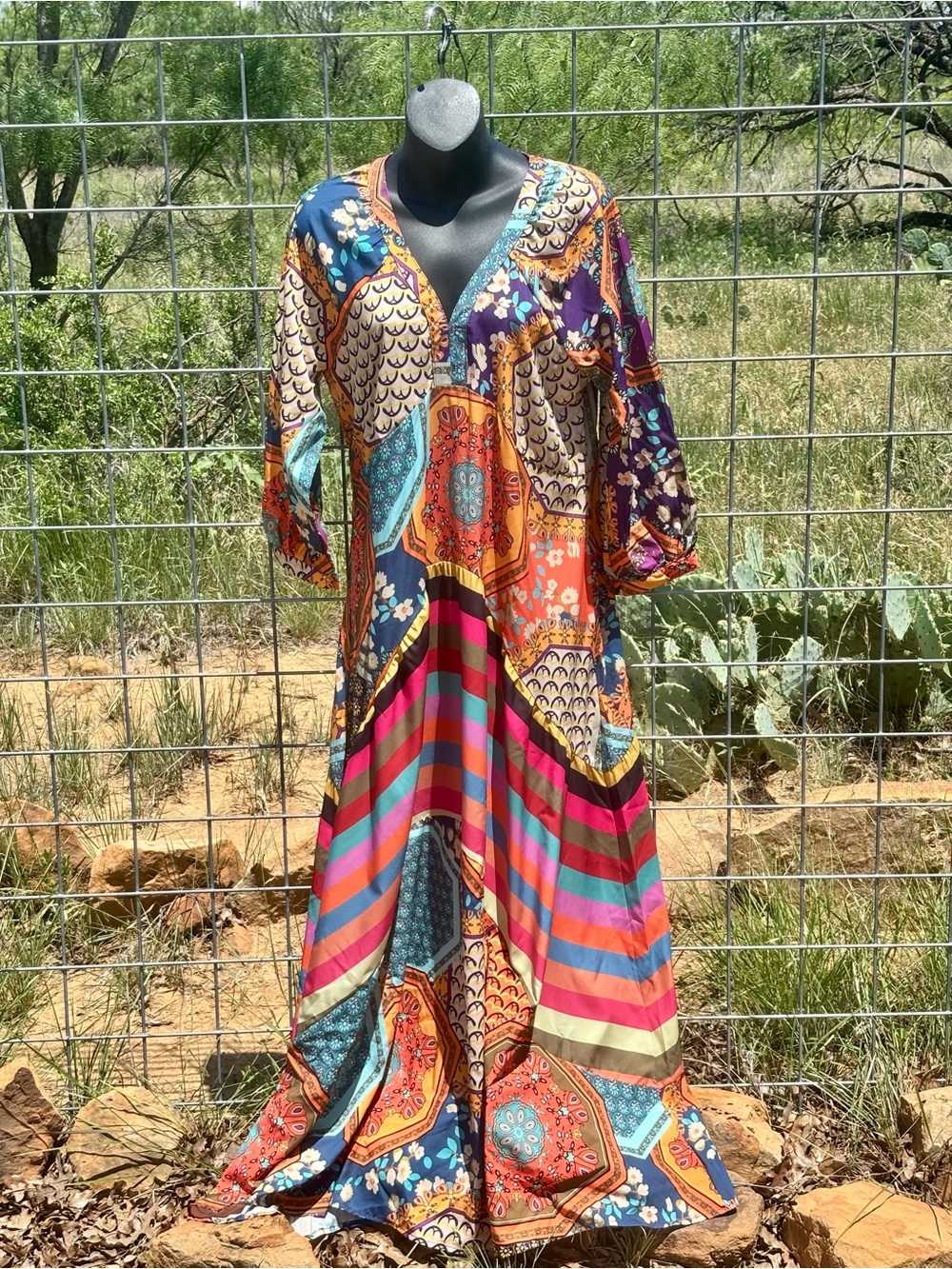 Boho Multicolor V-Neck Maxi Dress Hippie MooMoo✌🏻